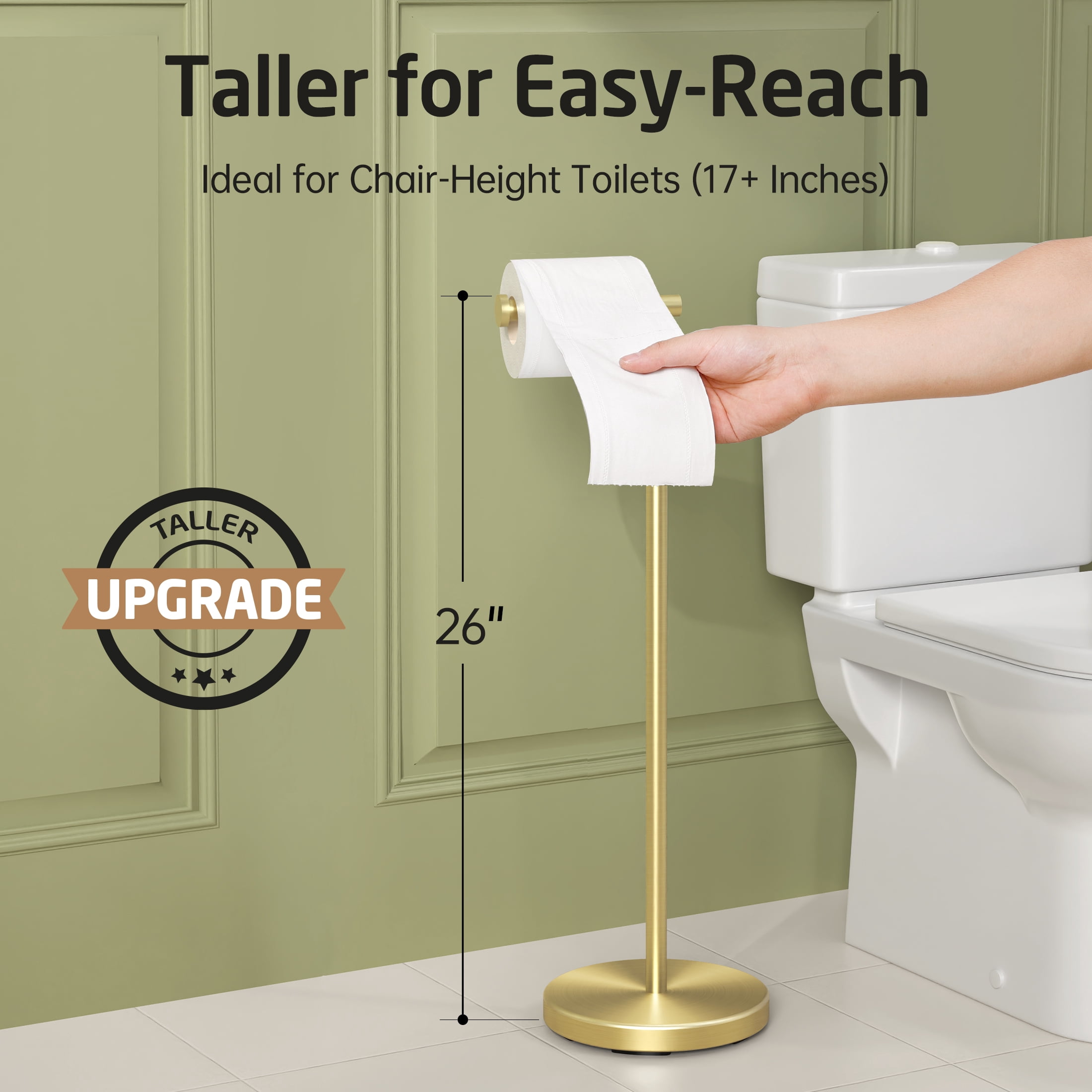 KES Gold Toilet Paper Holder Stand 26" H (Taller Version), Free Standing Toilet Paper Roll Holder with Weighted Base for Bathroom SUS304 Stainless Steel Brushed Gold, WMTPH005S66BZ