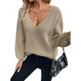 thumbnail image 2 of Women Off the Shoulder V Neck Sweater Top Fitted Long Sleeve Shirt Tie Back Sweater Light Beige L, 2 of 9