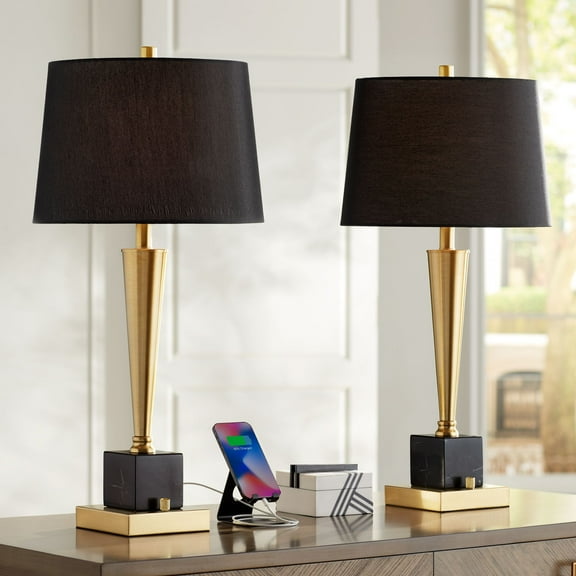Possini Euro Design Wayne Modern Table Lamps 29 1/4" Tall Set of 2 Brass with USB Charging Port Black Fabric Drum Shade for Bedroom Living Room Kids