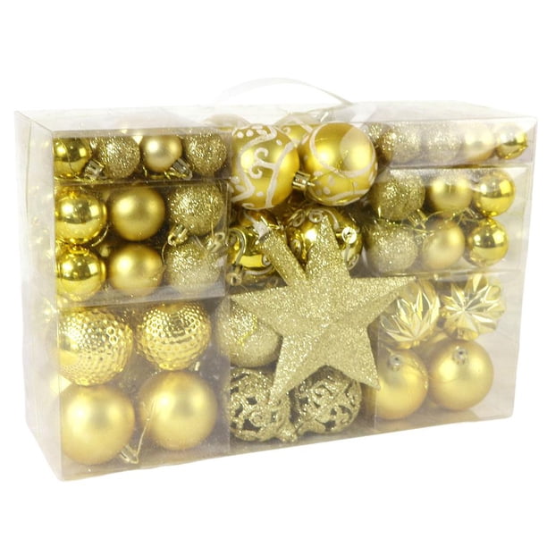 100 mini bolas de Navidad de plástico para colgar en el árbol, de tamaños variados. Dorado