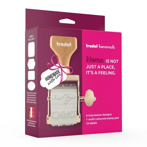 Trodat Homemade Stamp Set for Labeling Homemade Creations, Decorating, Customizing DIY & Handmade Projects – with 6 Messages, 3-Color pad with Black, Green, and Red ink, 16 self-Adhesive Labels