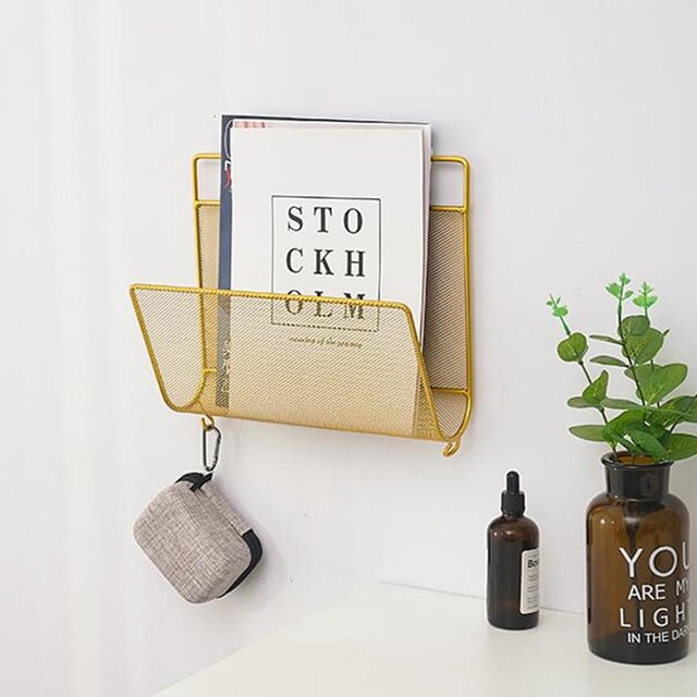 Iron Newspaper Books Papers Post Cards Rack Holder Organiser Wall Mounted Office Storage Rack , Golden
