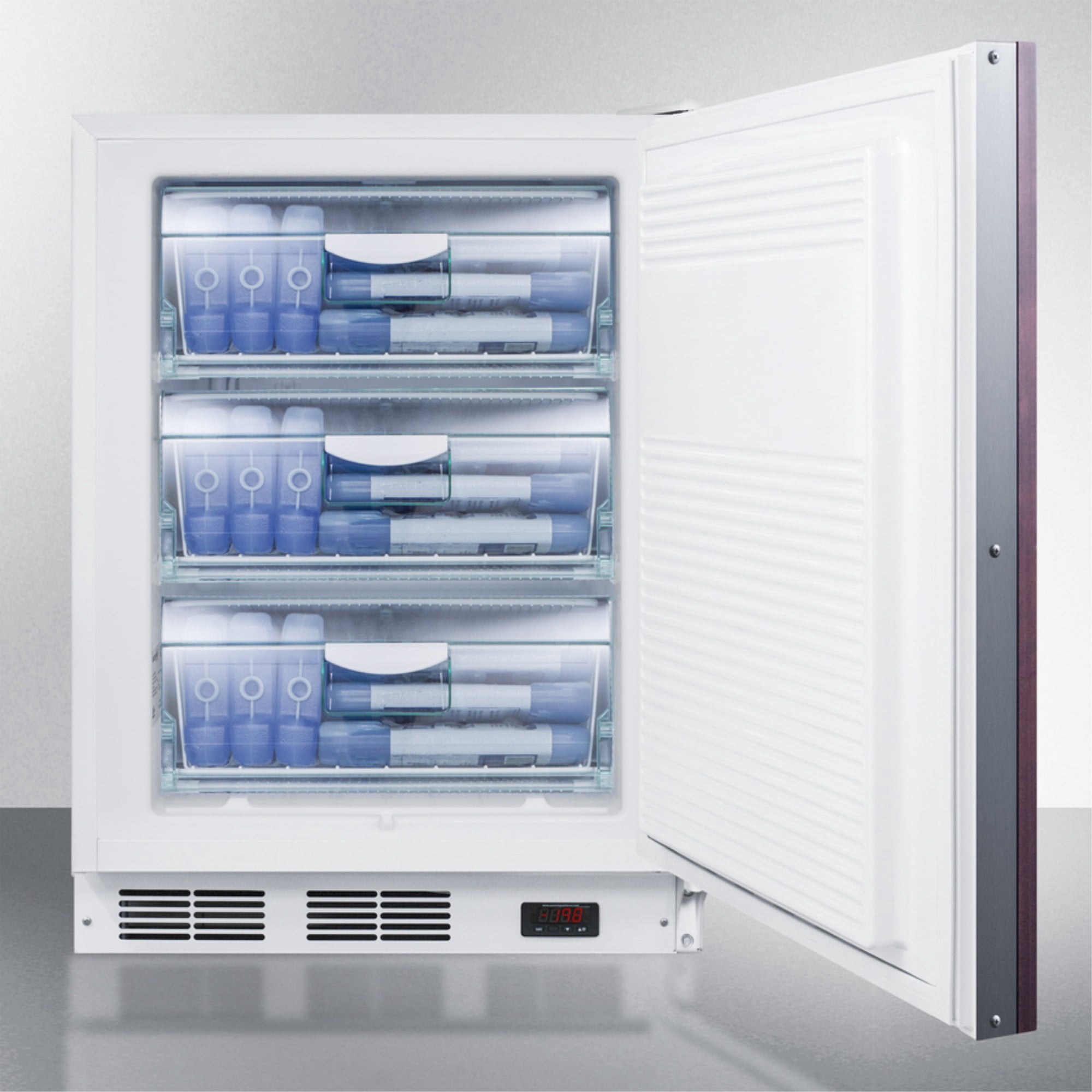 ADA compliant built-in medical all-freezer with lock, capable of -25 C operation; door accepts fully overlay panels