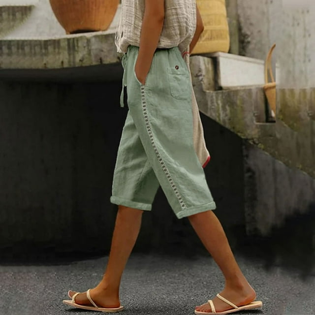 Babysbule 2024 Womens Drawstring High Waist Half Shorts Summer Elastic Stretchy Breathable Cotton Linen Pants With Pocket