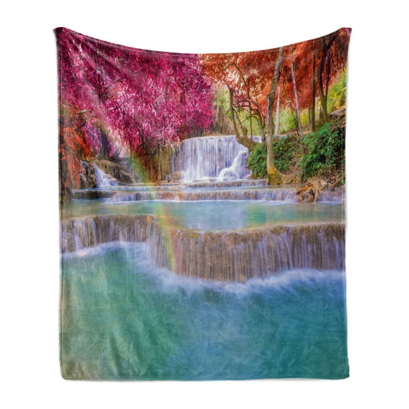 Waterfall Soft Flannel Fleece Throw Blanket, Rain Forest in Vietnam Laos South Orange Trees Side of River Image Print, Cozy Plush for Indoor and Outdoor Use, 70" x 90", Blue, by Ambesonne