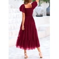 thumbnail image 2 of Vestido PRETTYGARDEN de tul midi fruncido para mujer, color rojo vino, 2 of 8