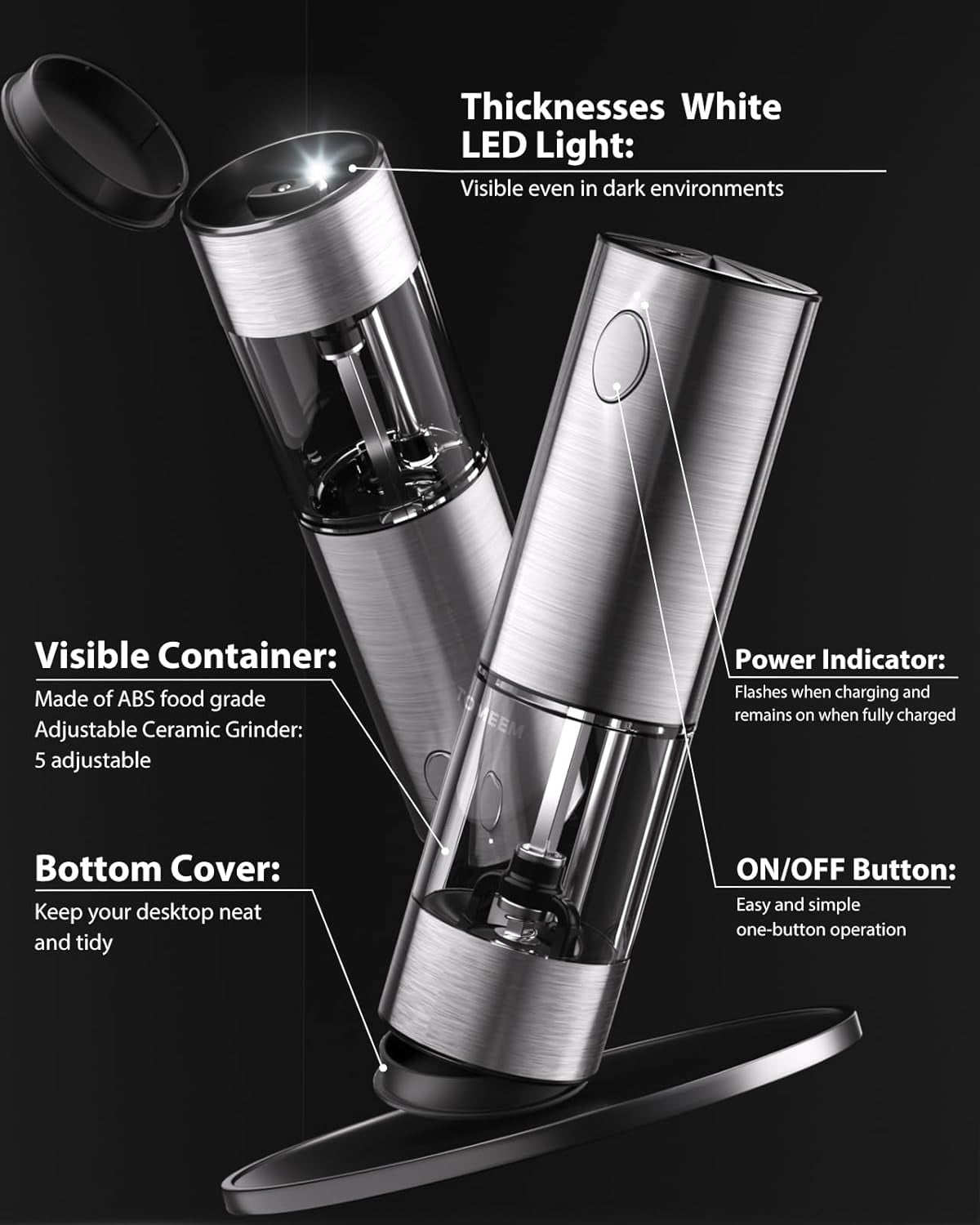 Tomeem Salt and Pepper Shaker Set with LED Lights and Salt Grinder Refillable with 6 Adjustable Coarseness Electric Salt and Pepper Grinder Set