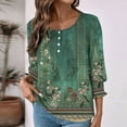 thumbnail image 5 of JTZGDY Button Henley Shirts for Women Ethnic Floral Printed 3/4 Smoked Sleeve Crewneck Pullover Tops Loose Oversized Dressy Tunic Blouse Green#01 L, 5 of 8
