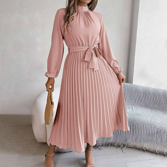 Women's Autumn And Winter Elegant Stand Collar Long Sleeve Waist Pleated Long Dress Dress Women Dresses Semi Formal Ladies Suit Two Piece Long Skirt Outfits for Women Bathing Suit Skirts Long Woman
