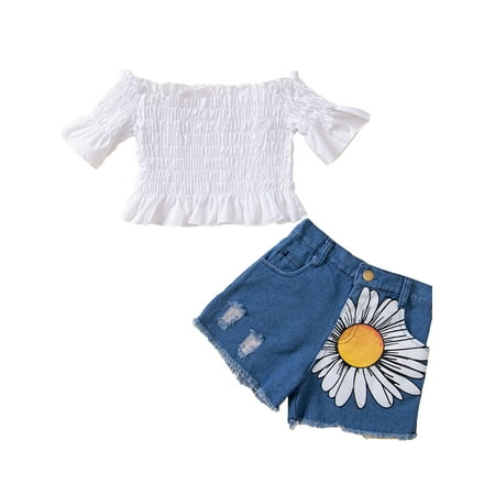 

PBaeM Little Girls Slash Neck Ruffle Tee Denim Shorts Sunflower Summer Outfit Set