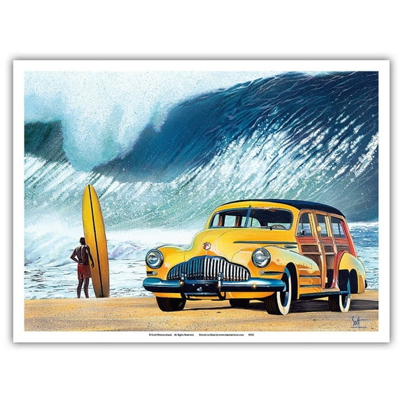 Buttercup Beauty - Retro Woodie Car on Beach with Big Wave Surfer - From an Original Color Painting by Scott Westmoreland - Master Art Print (Unframed) 9in x 12in