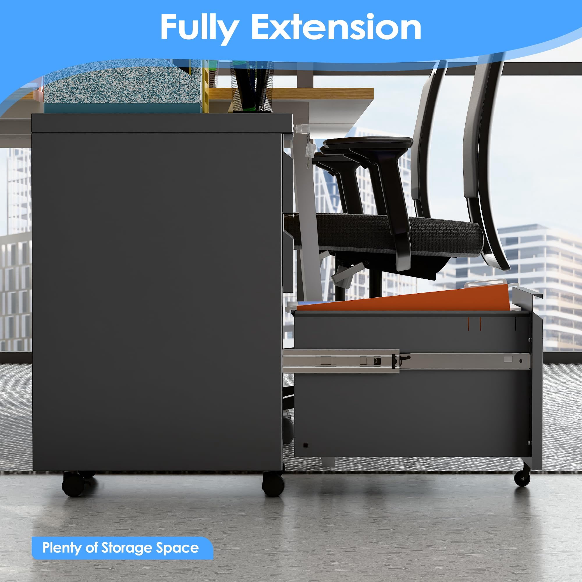 Under Desk Locking File Cabinet 3 Drawers, Metal Storage Organizer for Office Home, Legal Letter Size Documents, Compact Design, Sturdy Steel Construction, Black