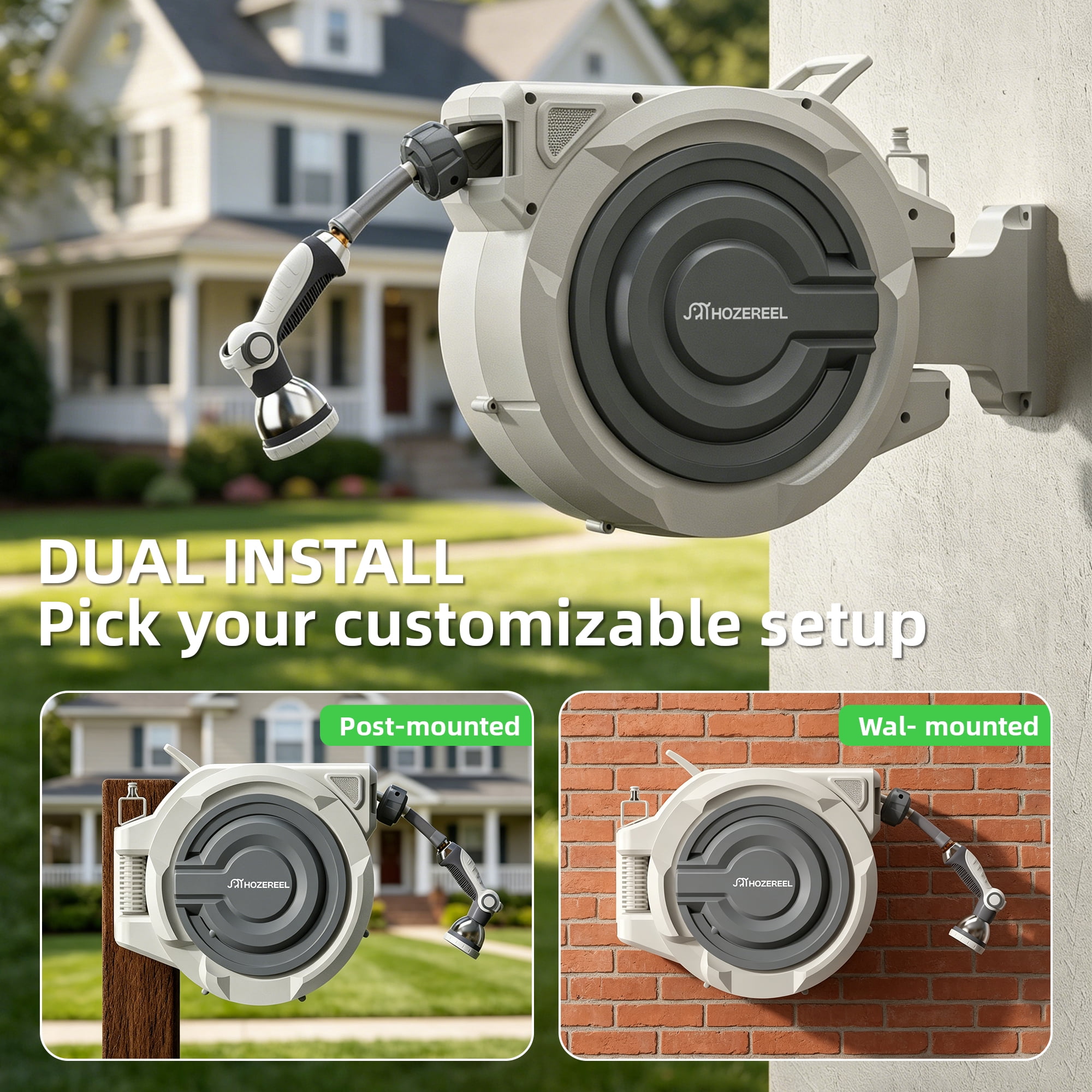 72 FT x 5/8" Retractable Garden Hose Reel by HOZEREEL, Outdoor Garden Hose Reels - Automatic Self Retract Wall Mount Hose Reel Enclosed Storage, Any Length Lock, 10 Pattern Nozzle-Grey
