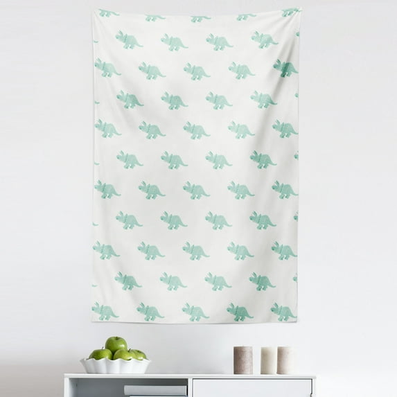 Dinosaur Tapestry, Pastel Colored Pattern of Bulky Wild Animal Prehistoric Illustration, Fabric Wall Hanging Decor for Bedroom Living Room Dorm, 5 Sizes, White and Pale Seafoam, by Ambesonne
