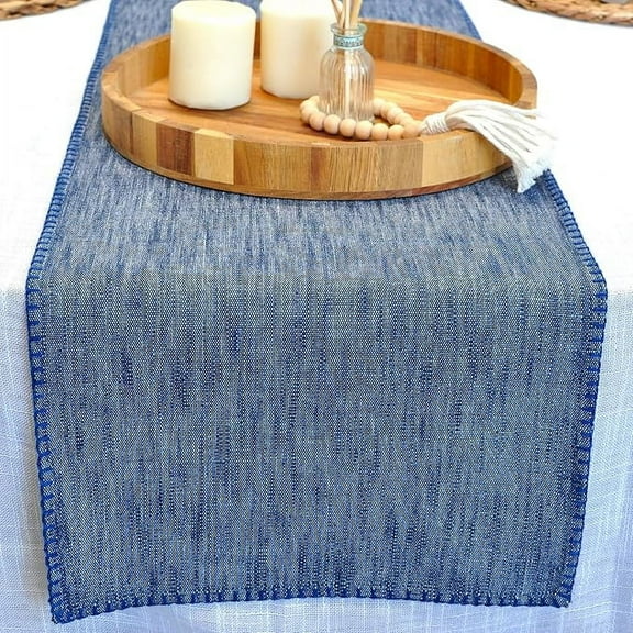 Coffee Table Runner Organic Cotton Modern Kitchen Table Runner With Decorative Stitch at Edge Dresser Scarf Dining Table Washable Cloth Small Table Runner Furniture Top Cover 14"x48" Blue