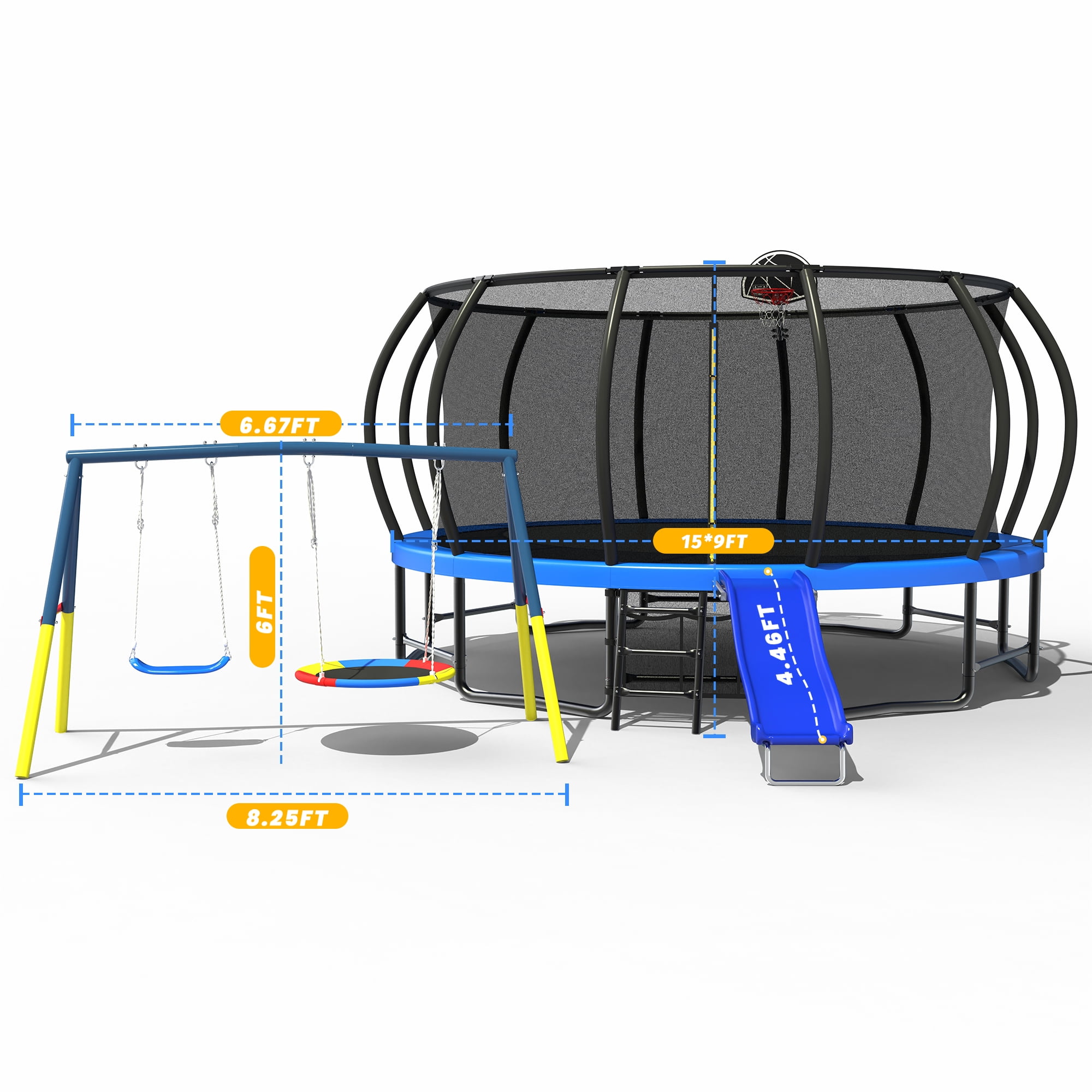 Mersco 15FT Heavy Duty Trampoline with Enclosure Net ,Slide ,Swing Set Outdoor Trampoline for Backyard,Kids Trampoline with Basketball Hoop,Birthday and Holiday Gifts for Kids,Blue