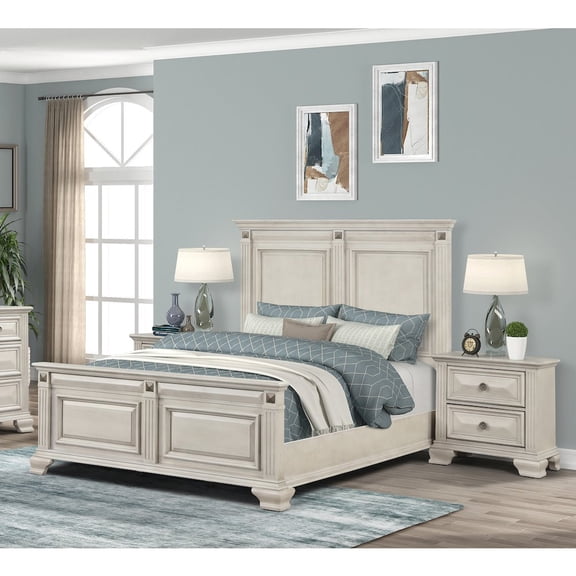 Roundhill Furniture Renova 3-Piece Distressed Parchment Wood Bedroom Set, Queen Panel Bed with 2 Nightstands