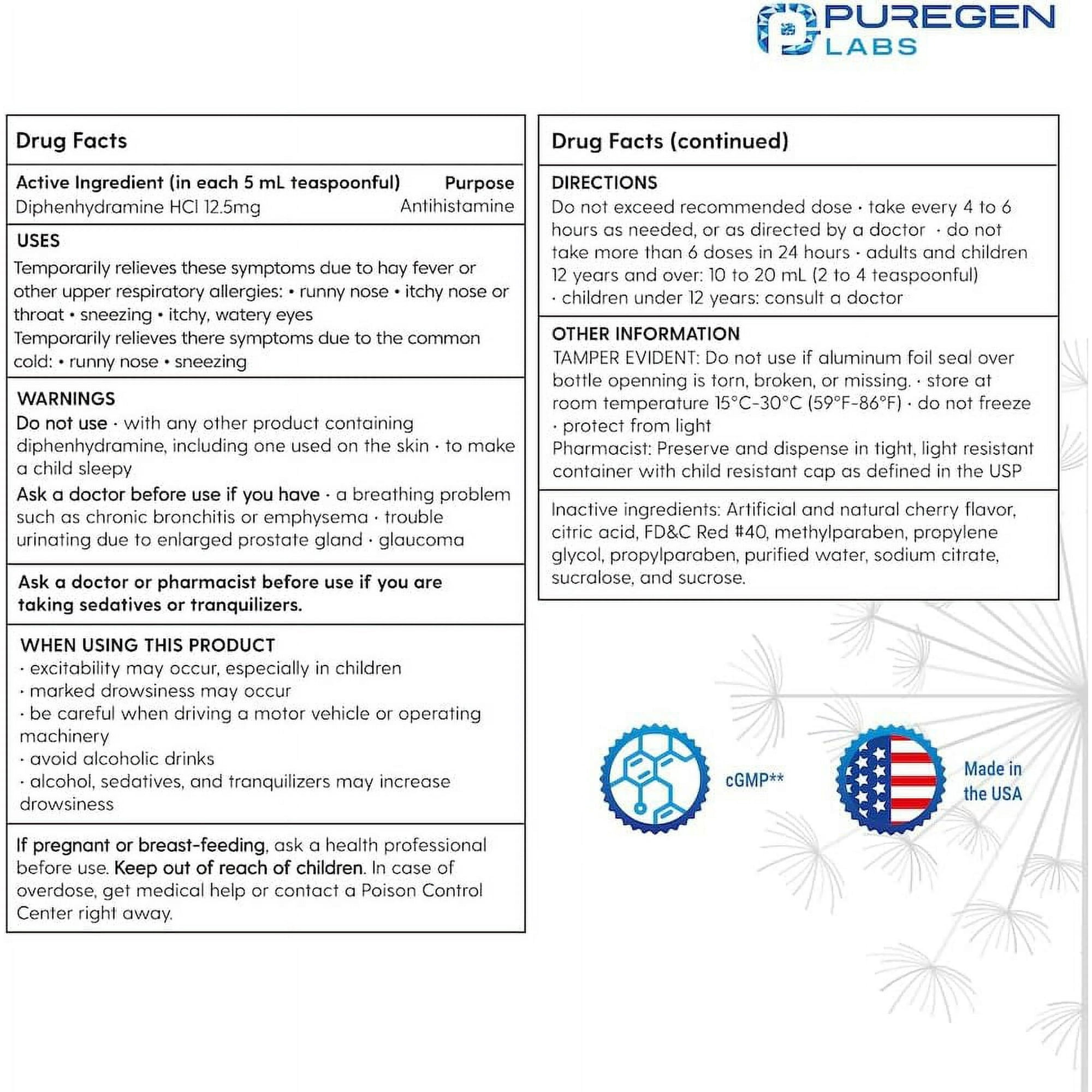 Puregen Labs Allergy Relief Oral Solution - Diphenhydramine HCl 12.5mg/5 mL Antihistamine - Cherry Flavor - 16 Ounces - 3PK