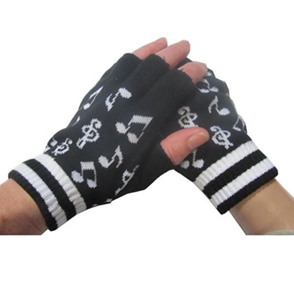 Coool Unisex Black White Music Notes Fingerless Knit Gloves for Texting Warm
