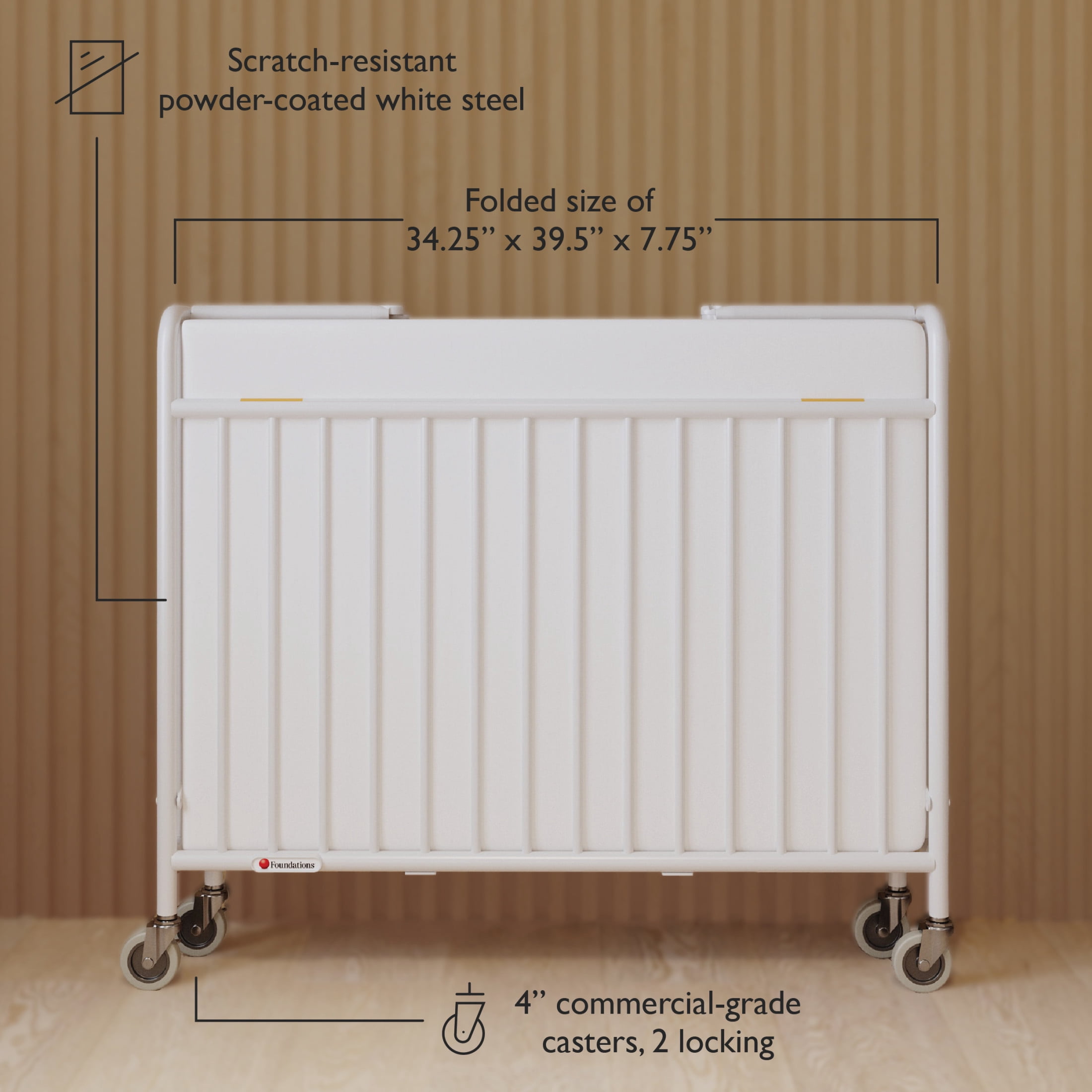 Foundations StowAway Compact Folding Hotel Crib with 2" Mattress and Locking Wheels, White
