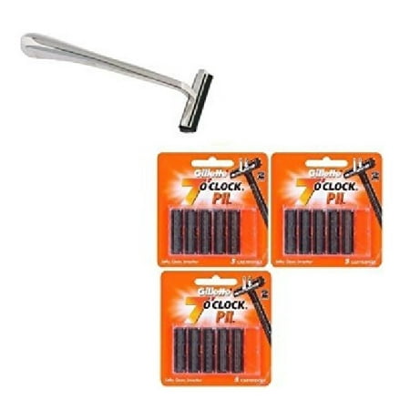 Trac II Chrome Handle + Gillette 7 O' Clock PII 5 ct. Refill Razor Blades (No Lube Strip) (Pack of 3) + 3 Count Eyebrow