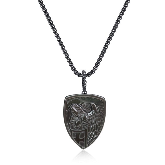 COAI Religious Jewelry St Michael Shield Obsidian Stone Pendant Necklace