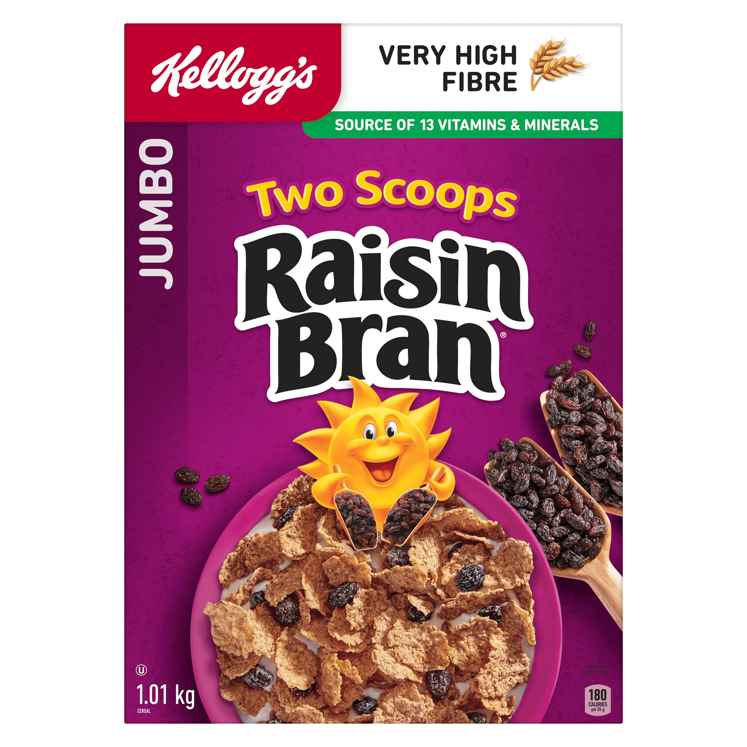 Kellogg's* Two Scoops* Raisin Bran Cereal Jumbo, 1.15 kg, Kellogg's* Two Scoops* Raisin Bran cereal is a delicious combination of crispy bran flakes & sweet sun-ripened raisins.