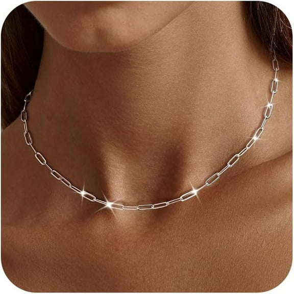 Silver Paperclip Chain Necklace For Women,Dainty Sterling Silver Choker Necklaces For Women Trendy Simple Long Chunky Minimalist Waterproof Link Necklace Jewelry Gifts For Women 16/18/20 In[o6376]