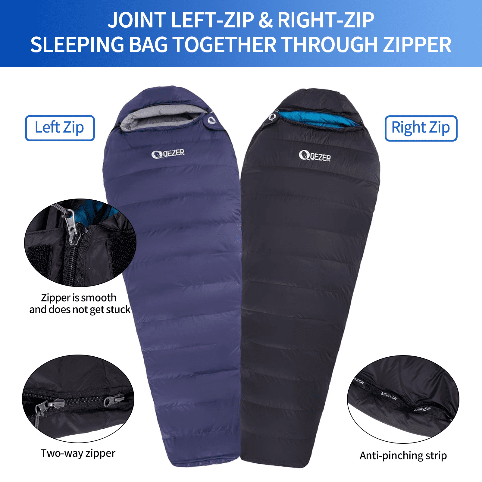 QEZER Down Sleeping Bag for Adults, 10°F Cold Weather Backpacking Sleeping Bag with Compression Sack