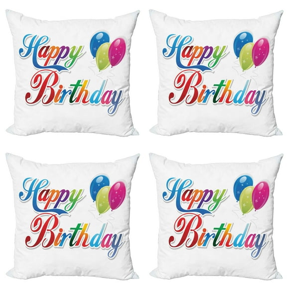 Ambesonne Birthday Throw Pillow Cover 4 Pack, Modern Writing Balloon, 20", Multicolor
