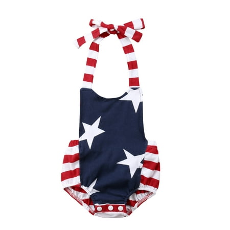 

Bebiullo Newborn Baby Girl My First 4th of July Outfits USA Flag Stars Stripes Tassel Romper+Headband