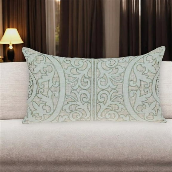HomeRoots 529263 14 x 24 in. Beige & Green Linen Lumbar Throw Pillow with Embroidery