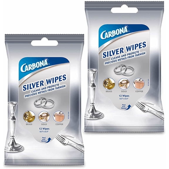 Carbona Silver Wipes | Metal Cleaner & Polish | 12 Wipes, 2 Pack