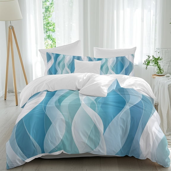 Duvet Cover Twin Size 3 Piece Bedding Set, Watercolor Gradient Lines Soft Breathable Comforter Cover with 2 Pillow Shams, Blue Green White Striped Luxury Duvet Covers with Zipper Closure