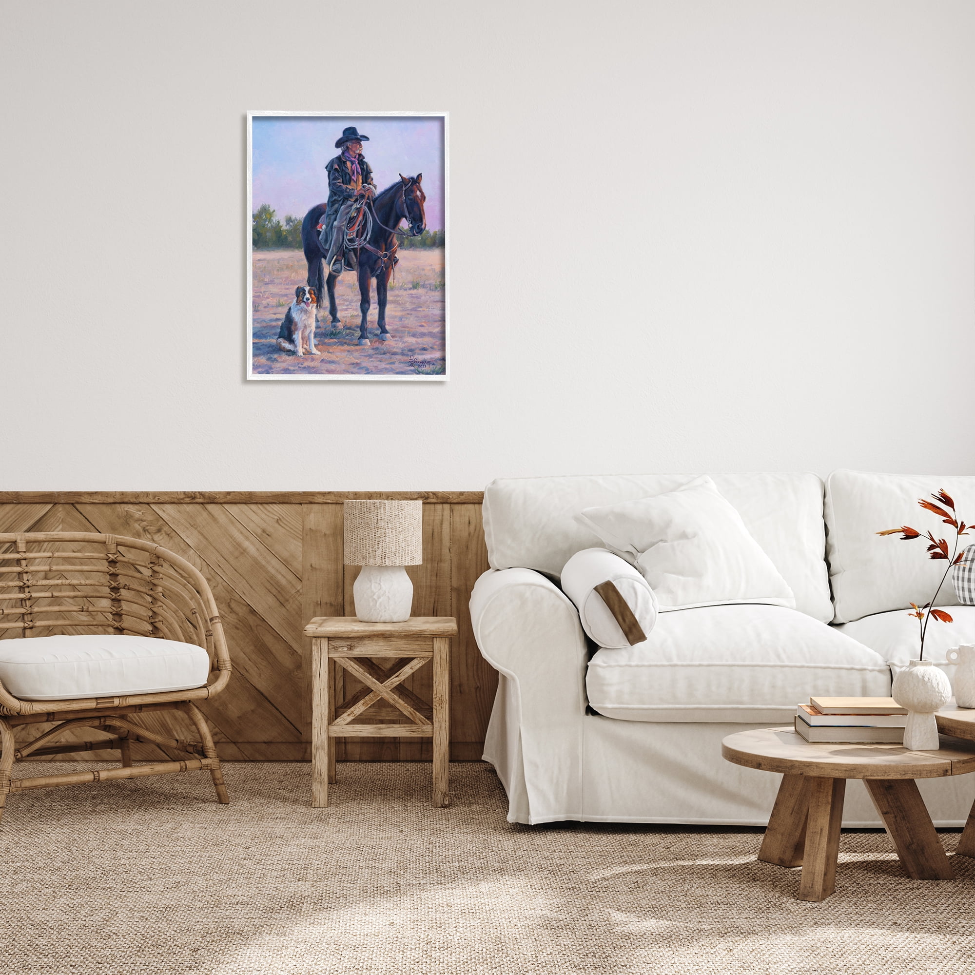 Stupell Industries Cowboy in Rural Landscape Animals & Insects Painting White Framed Art Print Wall Art, 24 x 30