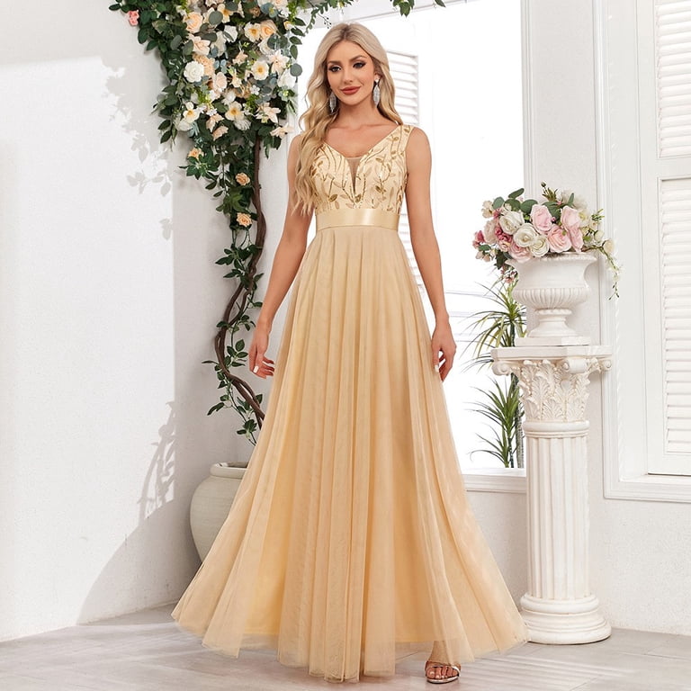 Mnyycxen Womens Embroidery Tulle Maxi Prom Dresses Sleeveless Sexy V Neck Dress A Line Fluffy High Waist Evening Dress, Women's, Size: Small, Gold