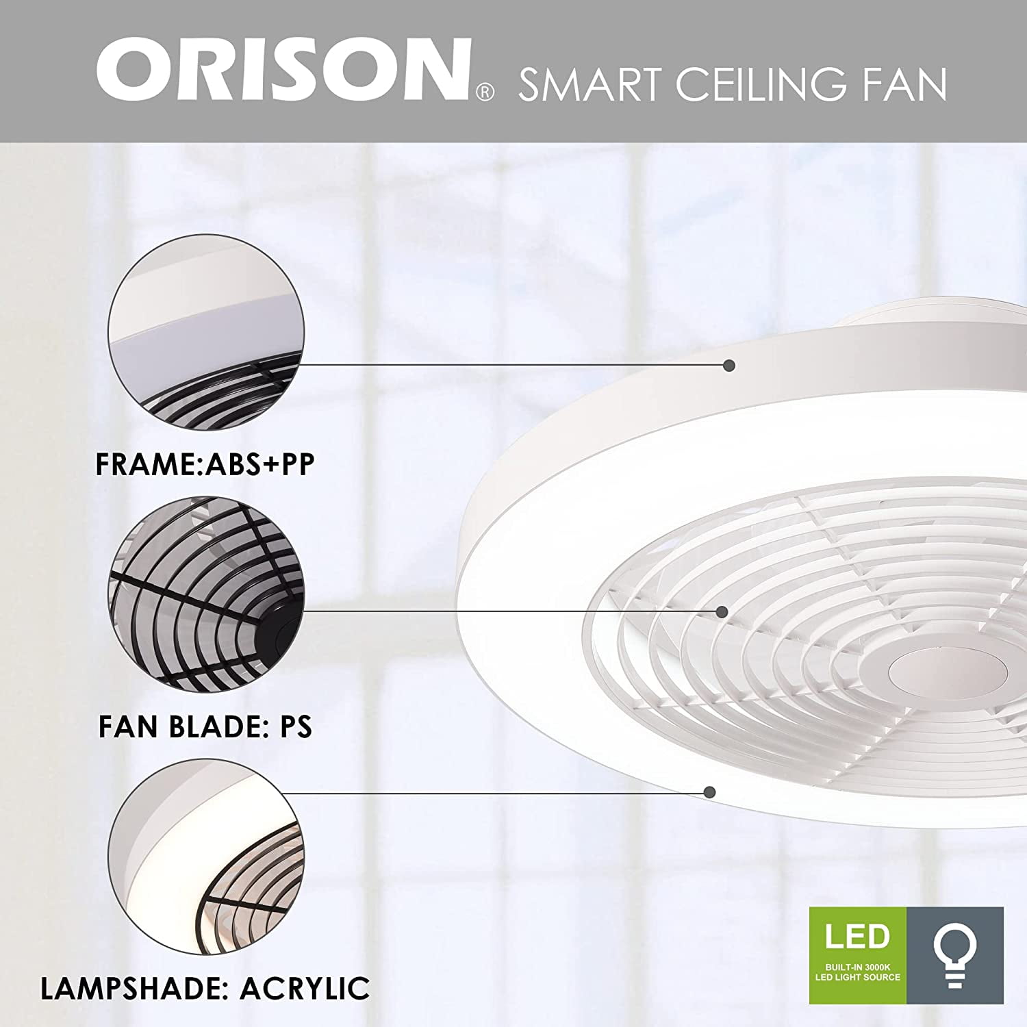 Orison Ceiling Fan with Light, 8029 White Regular - 19.7" Smart Low Profile Ceiling Fans with Light and Remote APP Control