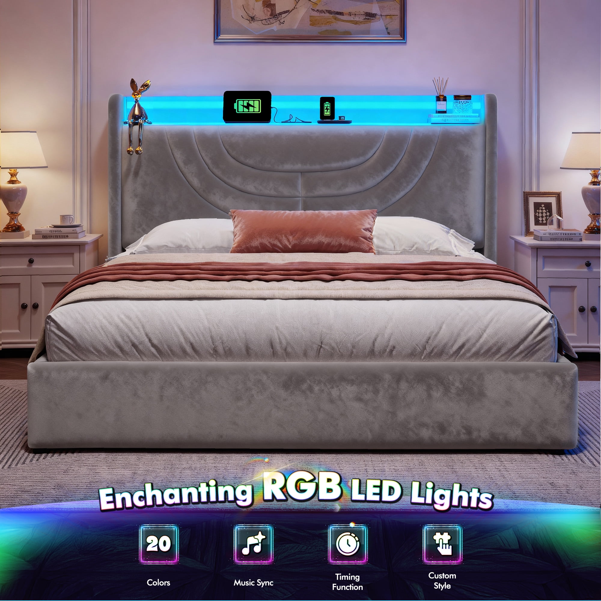 EnHomee Queen Size Lift up Hydraulic Platform Storage Bed Frame with LED Light &Charge Station,Gray