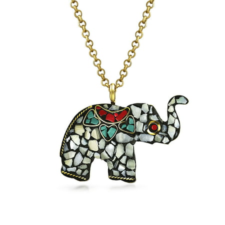 Bali Tribal Style Large Long Mosaic Stones Fashion Elephant Pendant Necklace For Women Gold Bronze Tone Metal