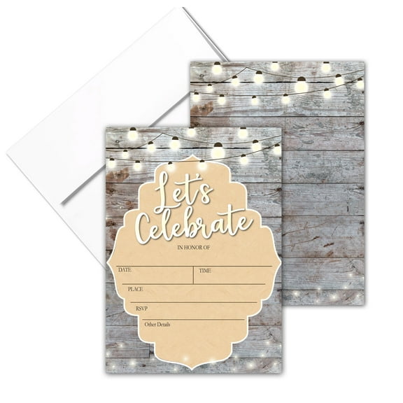 25 Party Invites with Envelopes -Rustic Lets Party Invitations - B15208