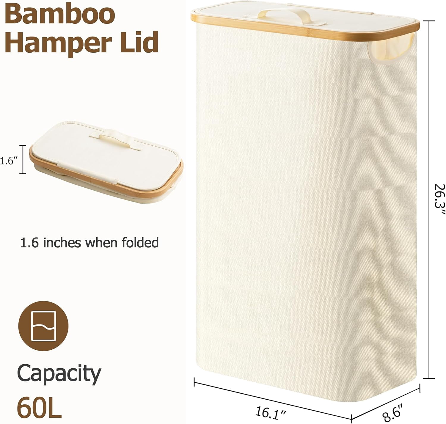 HBlife 60L Slim Laundry Hamper with Lid and Removable Inner Bag,Beige