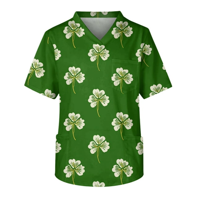 OIOLOYJM Sarrau de la Saint-Patrick pour Hommes, Imprimé de Trèfles, Tunique à Col en V, Sarrau d'Infirmier Respirant et Extensible, Uniforme d'Infirmier Surdimensionné à Manches Courtes, Haut de Sarrau d'Infirmier avec Poches, Cyan 4TG