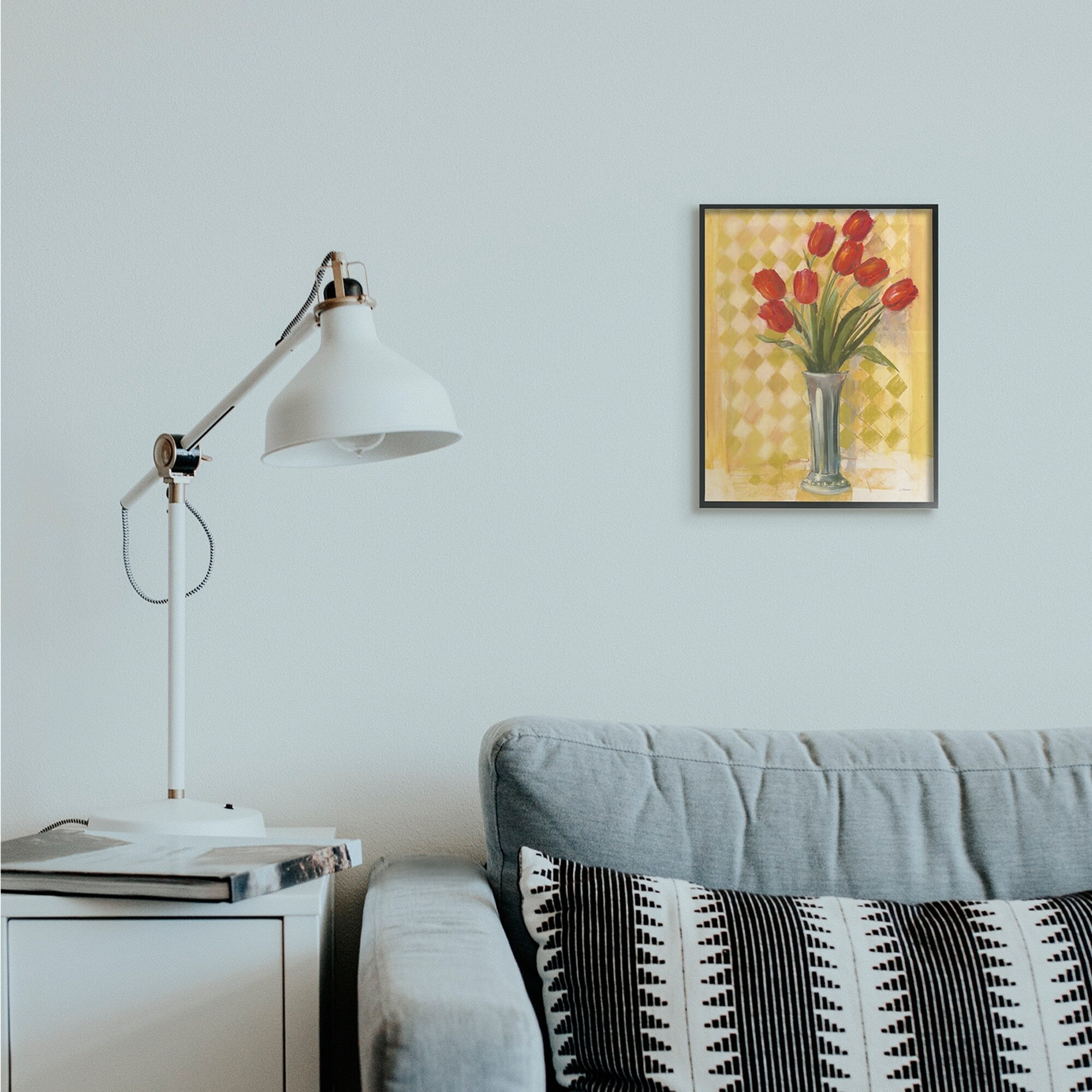 Stupell Industries Red Tulip Vase over Yellow Checker Plaid Black Framed, 16 x 20, Design by Carol Rowan