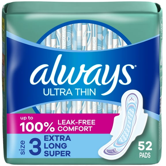 Always Ultra Thin Pads with Wings, Size 3, Extra Long Super Absorbency, 52 Count