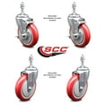 thumbnail image 2 of 5 Inch SS Red Polyurethane Swivel 3/8 Inch Threaded Stem Caster Set 2 Brakes, 2 of 2