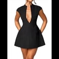 thumbnail image 3 of Vestido Mini de Verano Sexy para Mujer, con Mangas , Escote en V Profundo y Cremallera, Corte A, Ajustado, para Fiesta Negro M, 3 of 7