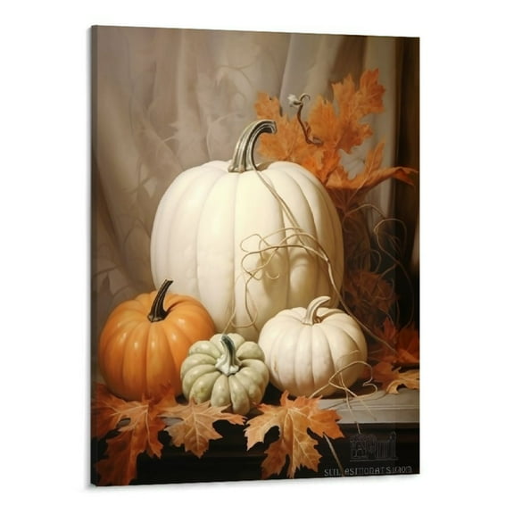 JRXY Farmhouse Fall Canvas Wall Art White Pumpkin Still Life Painting Pictures Rustic Farm Pumpkin Fall Leaves Posters Halloween Thanksgiving Autumn Wall Print Decor 16x20 Inch 16x20in