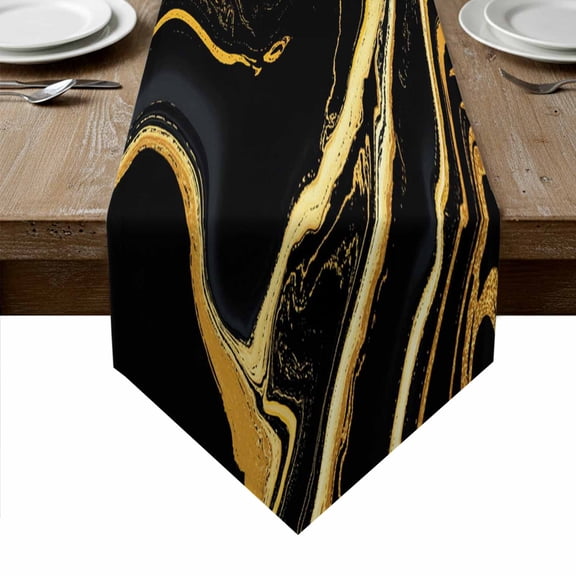 Black Gold Marble Table Runner Linen Burlap Table Runner 72 Inches Long Modern Geometric Textured Dresser Scarves for Kitchen Island Coffee Dining Room Party Wedding Holiday Decoration 14"x72"