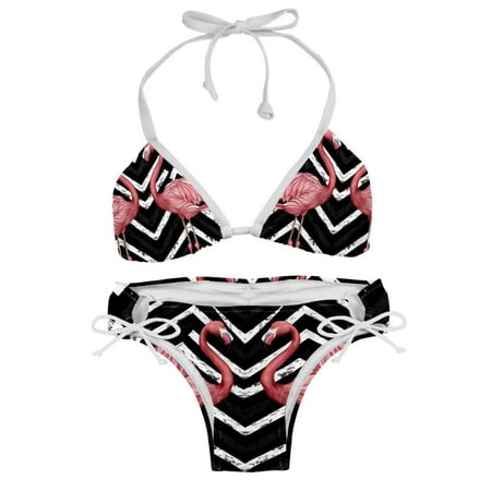 Sexy Women s String Bikini Set Pink Flamingo Couple Zigzag Print Print Two Piece Triangle Bathing Suit Swimsuits