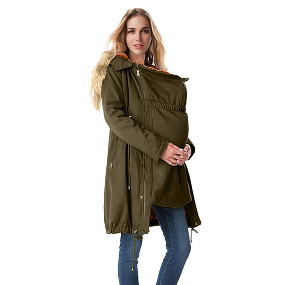 Women's 3 in 1 Maternity Puffer Coat, Knee Length Hooded Parka with Removable Faux Fur Trim, Adjustable Belly Panel, Winter Pregnancy Jacket JN L